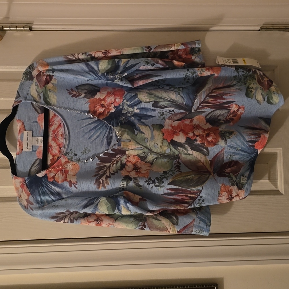 ALFRED DUNNER WOMEN'S BLUE FLORAL TROPICAL PULLOVER TOP SIZE MEDIUM